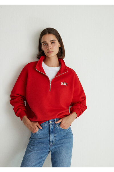Mavi Logo Baskılı Yarı Fermuarlı Kırmızı Sweatshirt 1S10179-86417