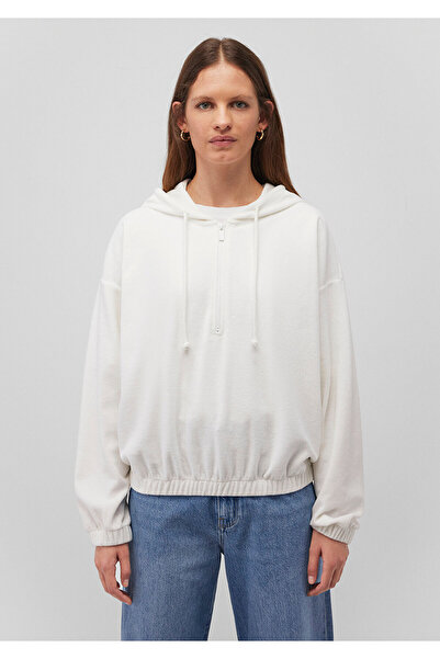 Mavi Yarı Fermuarlı Kapüşonlu Beyaz Sweatshirt 1S10248-80194