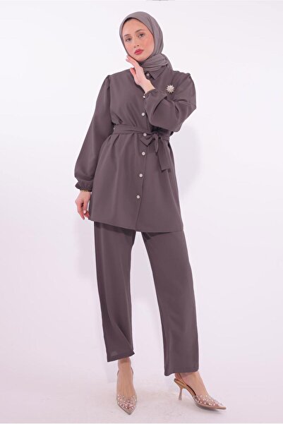 TRENDTESETTÜR KADIN Mürdüm KUŞAKLI PANTOLONLU TAKIM T 8674