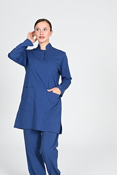 BAŞAK طقم جيرسي نسائي من القطن الليكرا باللون الأزرق البترولي