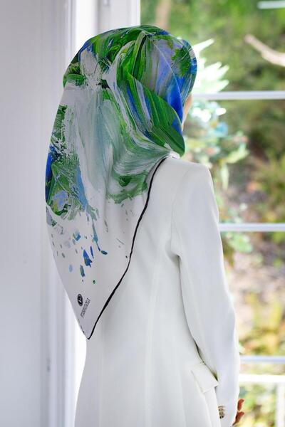 Vissona %100 Twill İpek Fırça Darbesi Desenli Saks - Zümrüt Yeşili Renkli 90x...