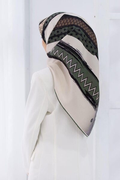 Vissona 100% mătase twill cu motive și model în dungi, culoare cafea cu lapte - culoare Cağla, eșarfă 90x90, formă de cusut: cusut manual