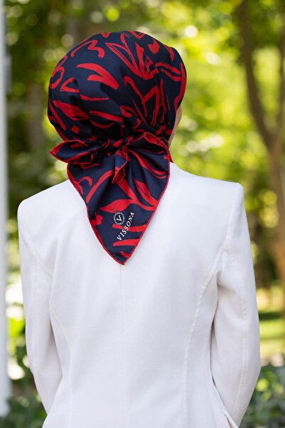 Vissona Eșarfă din mătase twill 100% cu model de flori mari albastru marin/ro...