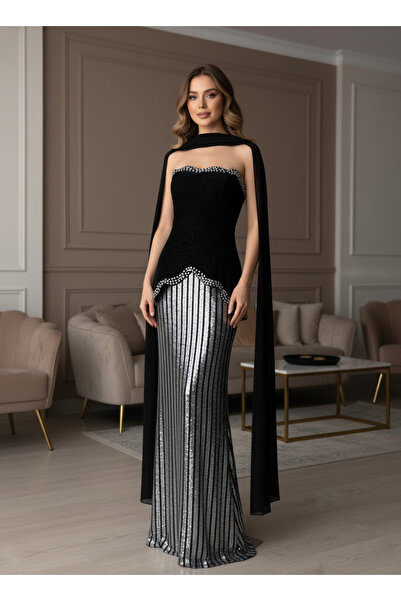 Opera Fashion فستان سهرة أسود بترتر فضي وكاب طويل بتصميم راقٍ