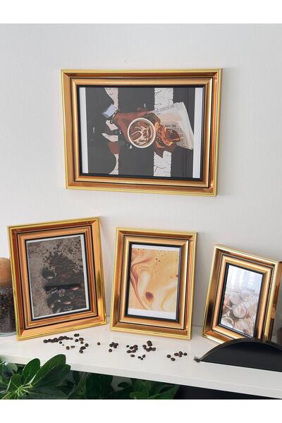 aden glass Ahşap Çerçeve 4’Lü Dekoratif Set – Salon Duvar Dekoru – Vintage Kahve