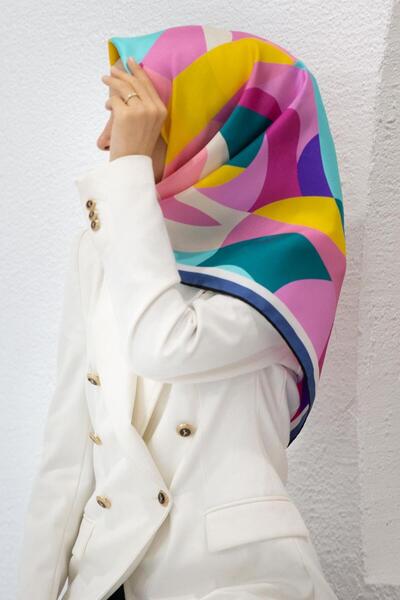 Vissona 100% Twill Silk Geometric Patterned Pink - Petrol Green Χρώμα 90x90 Σ...