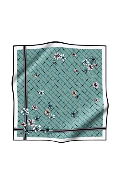 Vissona 100% Twill Silk Crisp Floral Pattern Νεροπράσινο - Κρεμ χρώμα 90x90 Κ...