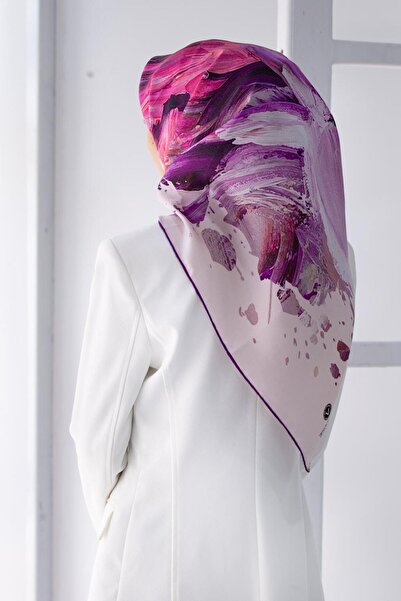 Vissona %100 Twill İpek Fırça Darbesi Desenli Mor - Pembe Renkli 90x90 Eşarp ...