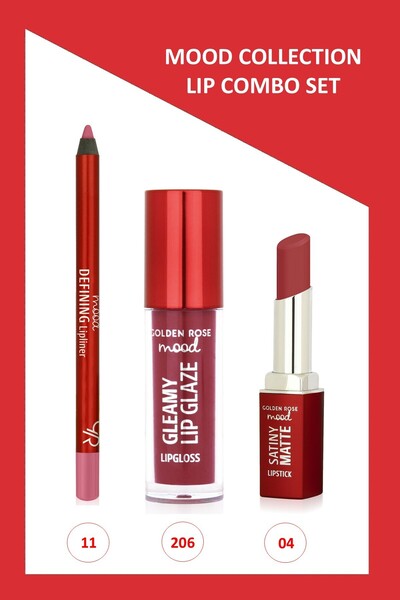 Golden Rose Mood Lip Combo Set - Dudak Kalemi No:11 -Satiny Ruj No:04 -Dudak ...