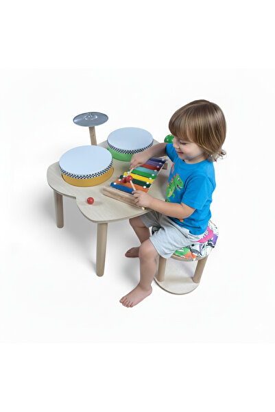 Masal Oyuncak Wooden Music Table Drum Set with Stool and Cushion