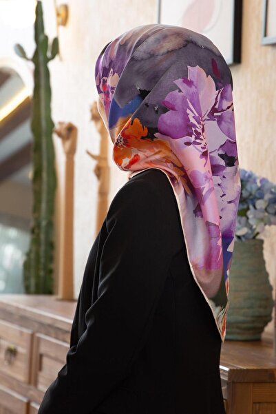 Vissona 100% mătase twill cu model floral crem - culoare portocalie 90x90 eșa...