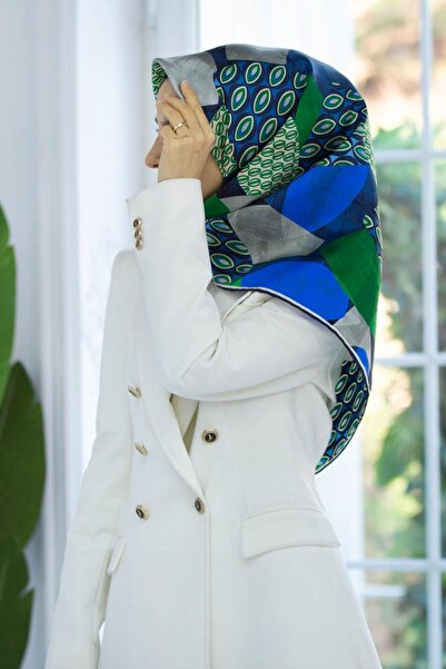 Vissona 100% Twill Silk Geometric Pattern Navy Blue - Σμαραγδένιο Πράσινο Χρώ...