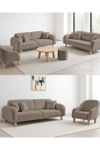 Velura Home & Living Lara Koltuk Takımı & Oturma Grubu - Kahve (3+3+1)