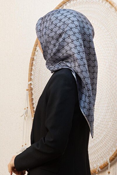 Vissona 100% mătase twill cu model geometric negru - culoare gri 90x90 eșarfă...