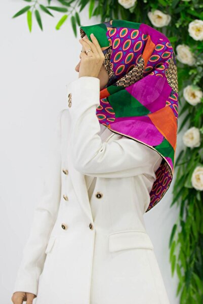 Vissona %100 Twill İpek Geometrik Desenli Fuşya - Zümrüt Yeşili Renkli 90x90 ...