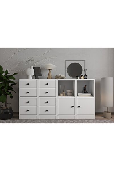 Nettrends Rafli Dolapli Çekmeceli Rafli Sifonyer Beyaz 130 Cm Sfn-1013-ç