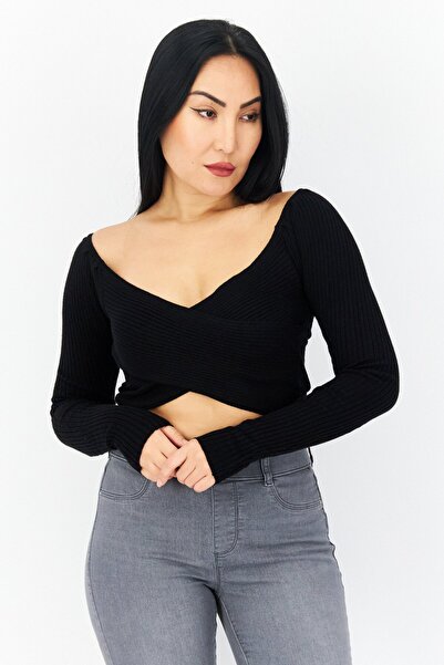 Brave Soul Women Surplice Neck Long Sleeve Ribbed Top, Black