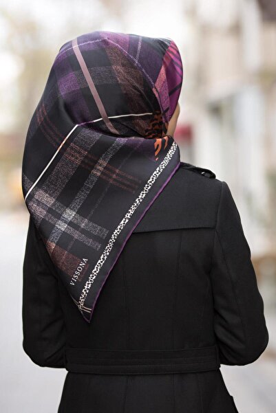 Vissona %100 Twill İpek Ekoseli Ve Leopar Desenli Mürdüm - Taba Renkli 90x90 ...
