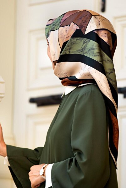 Vissona %100 Twill İpek Geometrik Mermer Desenli Haki - Bakır Renkli 90x90 Eş...