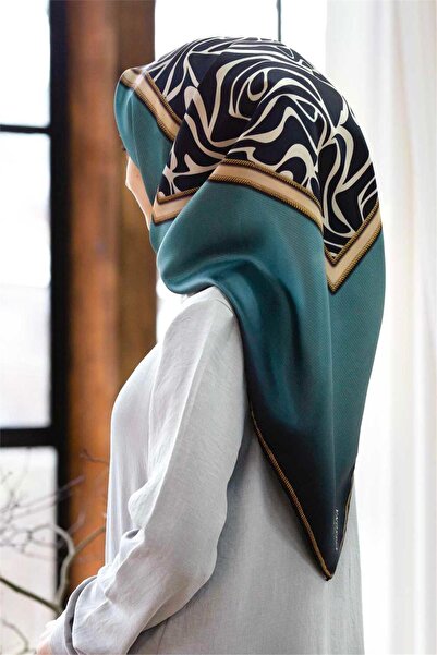 Vissona 100% Twill Silk Geometric Patterned Petrol Green - Navy Blue Colored ...