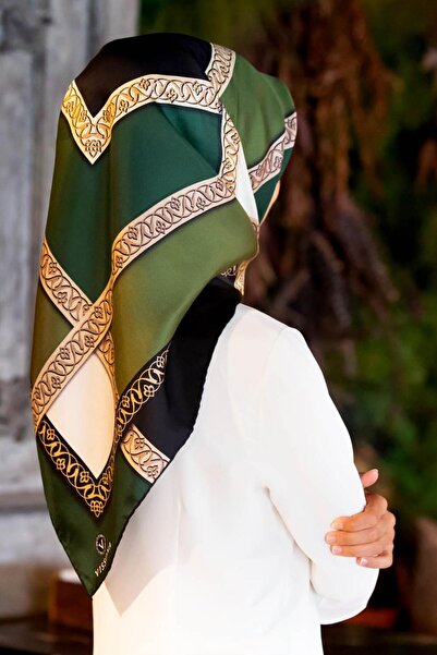 Vissona Γεωμετρικό σχέδιο Σμαραγδένιο Πράσινο Μαύρο 90x90 Twill Μεταξωτό Φουλ...