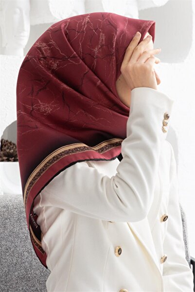 Vissona 100% Twill Silk Marble Patterned Claret Red Colored 90X90 Scarf Sewin...
