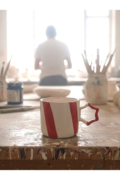 Simge Seramik El İşi Şeritli İki Renk Doğal Seramik Mug Kupa Çay / Cappuccino...