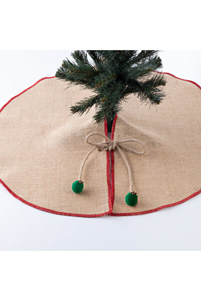 Bimotif Yılbaşı Çam Ağacı Örtüsü, Overlok Kenarlı Jüt, Kırmızı 60 Cm