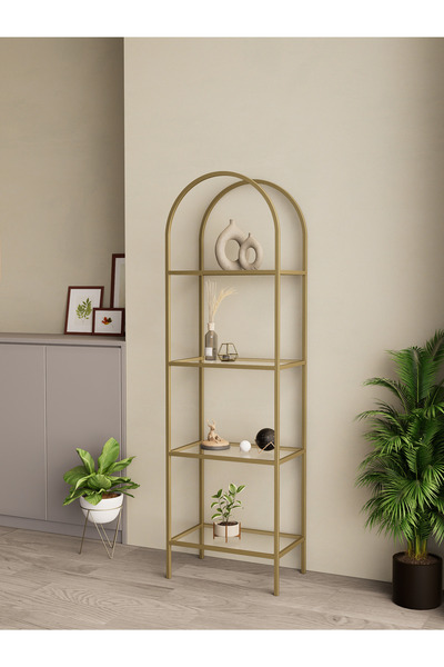 Dekoport İdil Kitaplık Kahve Köşesi Metal Mutfak Rafı Aksesuar Rafı 47 cm Mat Gold Metal Temperli Şeffaf Cam