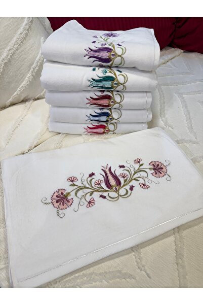 ŞENER HOME Set de 6 prosoape de mână din catifea brodate Sycamore 50x90cm alb - OUTLET
