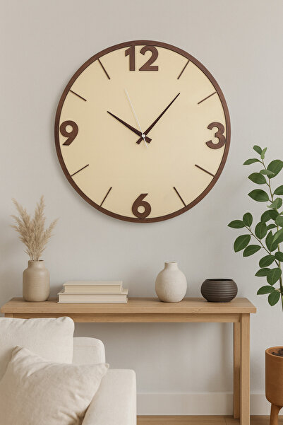 Genel Markalar Minimalist Krem Zeminli Kahverengi Detaylı Modern Duvar Saati ...