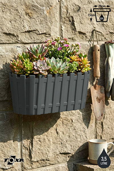 ToXA Akasya Gri Duvar Saksısı 3,5 Litre 30cm Drenajlı Bahçe Balkon Plastik Çi...