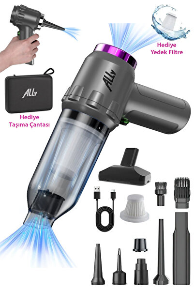 Ally Güçlü Portatif 2 Kademeli Tasinabilir Vakumlu Kablosuz Üflemeli Mini Araç Süpürgesi Gri