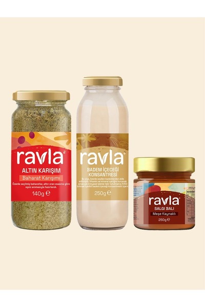 Ravla 3'lü Ürün - Ravla Badem Sütü Konsantresi 250 g / Ravla Meşe Balı 250 g / Ravla Altın Karışım 140 g