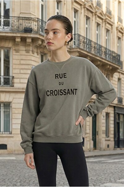 Amia&Co. bumbac 100% Gri guler rotund cu imprimeu supradimensionat Swea tricou