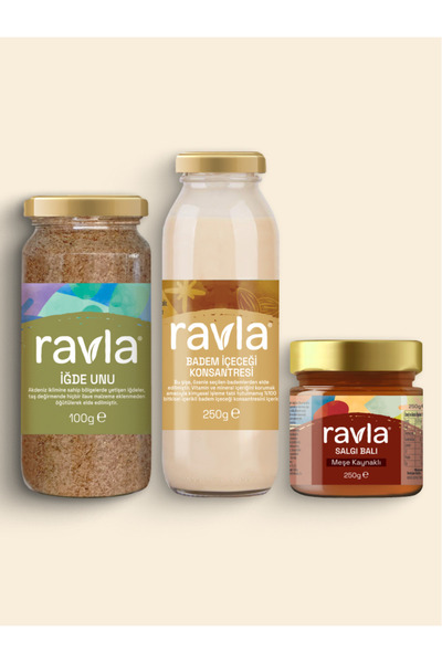 Ravla 3'lü Ürün - Badem Içeceği Konsantresi - 250g /salgı Balı (MEŞE KAYNAKLI) - 250g/iğde Unu 80g