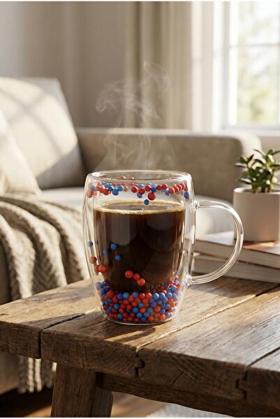 MAKRİ HOME Double Wall Burgundy Blue Glass Mug 350 ml – Heat Resistant