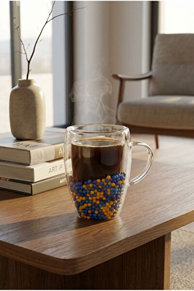 MAKRİ HOME Double Wall Yellow Navy Blue Glass Mug 350 ml – Heat Resistant