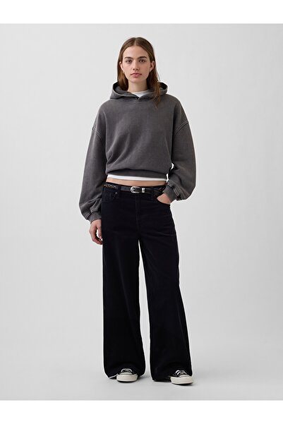 GAP Kadın Siyah Mid Rise Kadife Baggy Wide-Leg Pantolon