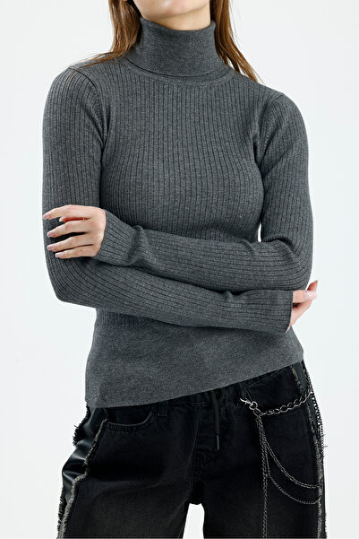 Figo Fitilli Ribana Örgü Yüksek Yaka Kazak