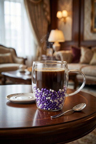 MAKRİ HOME Double Wall Purple White Glass Mug 350 ml – Heat Resistant