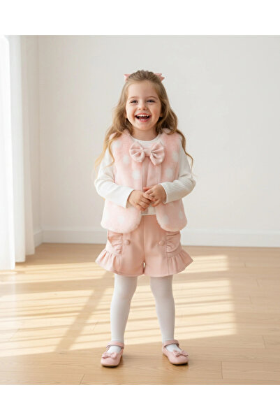 My Lusa baby wear طقم بانيو المكون من سترة قطيفة مزينة بفيونكة منقطة وملابس تريكو وشورت - (للأعمار من 2 إلى 5 سنوات)