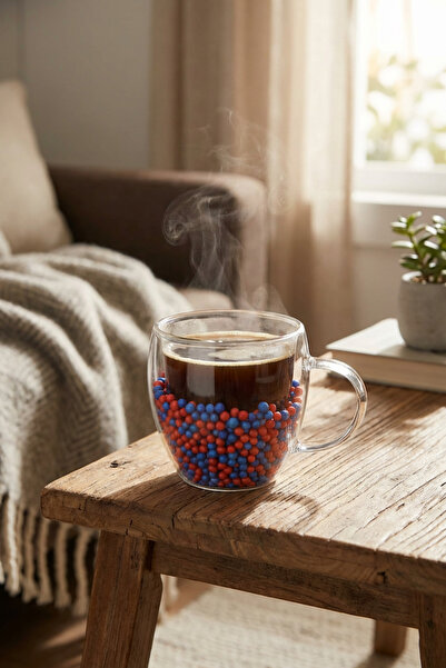 MAKRİ HOME Double Wall Burgundy Blue Glass Mug 250 ml – Heat Resistant