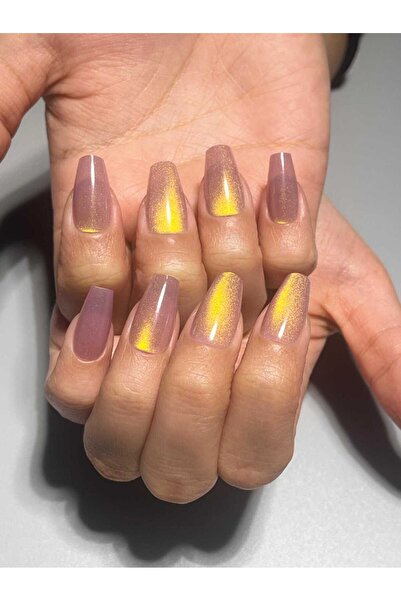 NailsTell L03 S Beden Düz Leyla Altın Kedi Gözü Protez Jel Takma Tırnak Ve Ak...