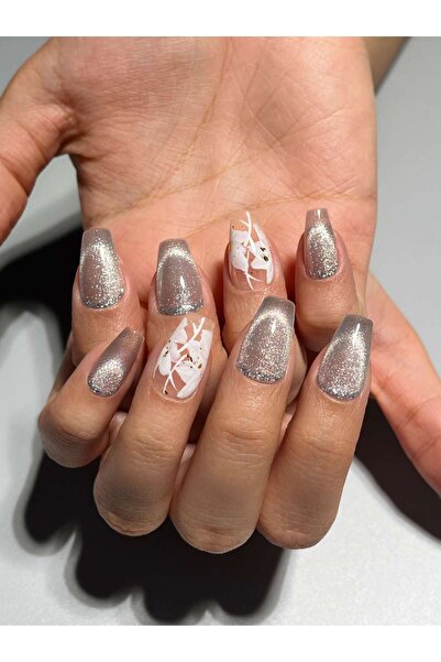 Genel Markalar 130393 S Beden Nude Çiçekli Gümüş Simli Protez Jel Takma Tırna...