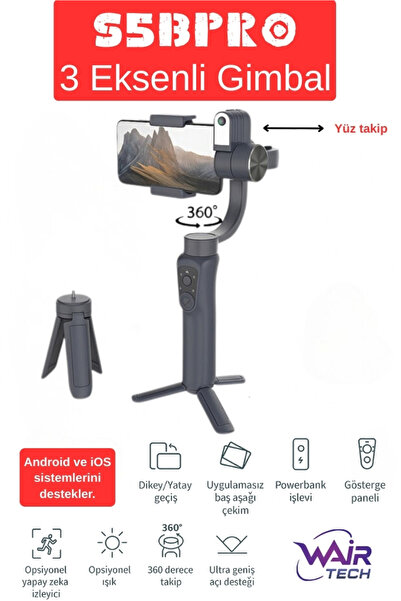 Wair Teknoloji Şarjlı 3 Eksenli Gimbal Sabitleyici Uygulama Joystik Kontrollü...