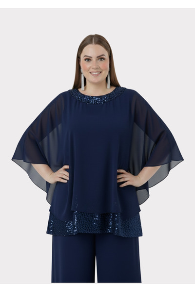 LİLAS XXL Büyük Beden Lacivert Renkli Şifon Abiye Bluz