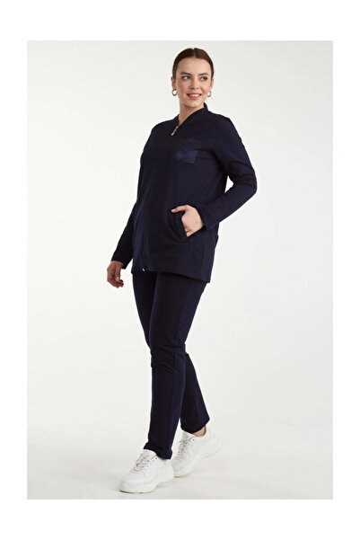 Sementa Trening de damă cu fermoar mărime mare cu detaliu de piatră - bleumarin