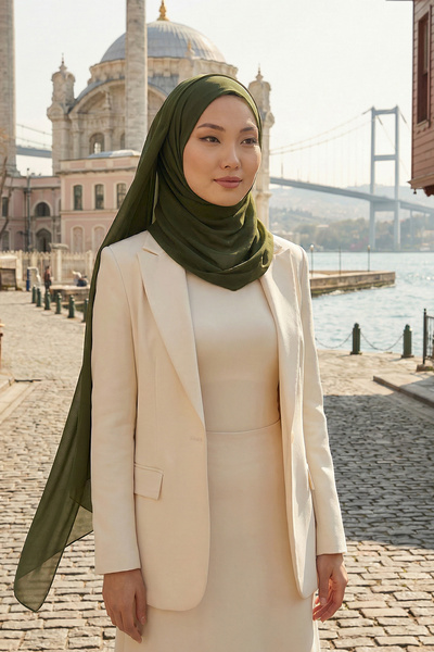 Aisha's Design شال شيفون عملي ذو طراز ثابت، أخضر كاكي، PS-49