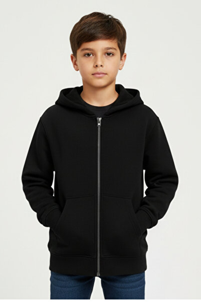 Difa Hooded ,Children's Black Sweatshirt Cardigan with Zipper and Kangaroo Po...